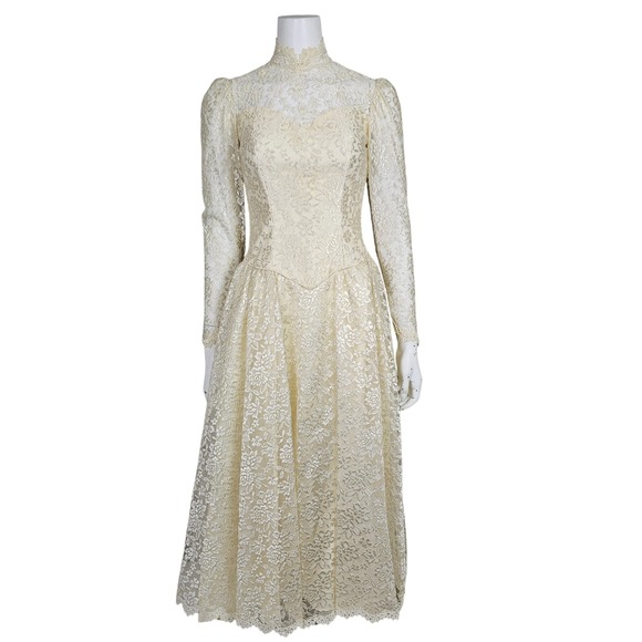Vintage‎ 70s Ivory Lace Wedding Dress High Neck Long Sleeve Bridal Gown - Picture 1 of 16
